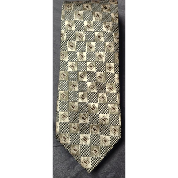 Handmade Other - Handmade XL Silk Men's Necktie Gold & Bronze Geometric Block Pattern Extra Long